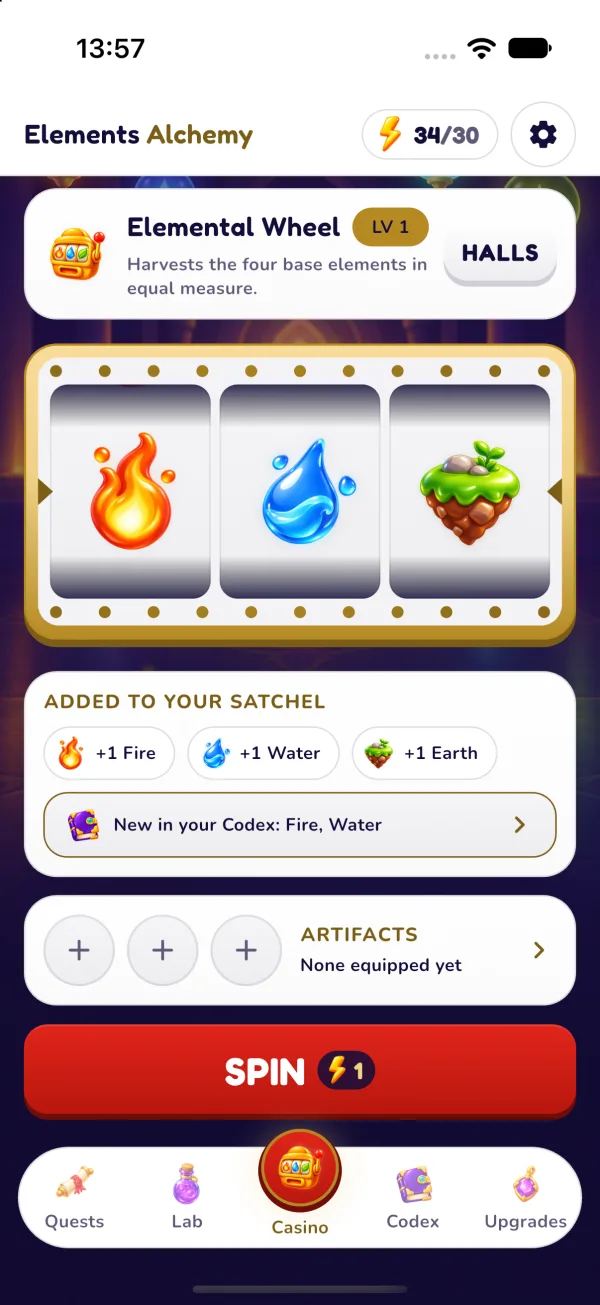 The Casino tab with the Elemental Wheel reel cabinet and the SPIN button