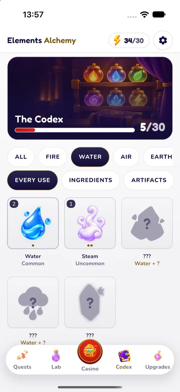 The Codex screen of Elements Casino Alchemy