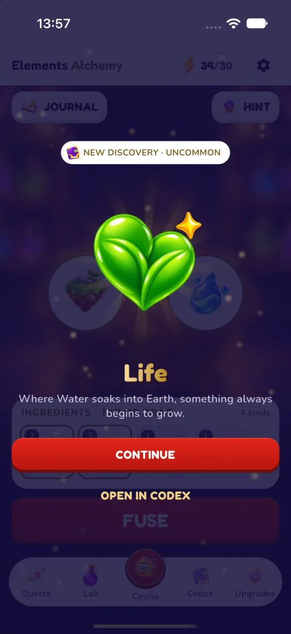 The Discovery reveal screen of Elements Casino Alchemy