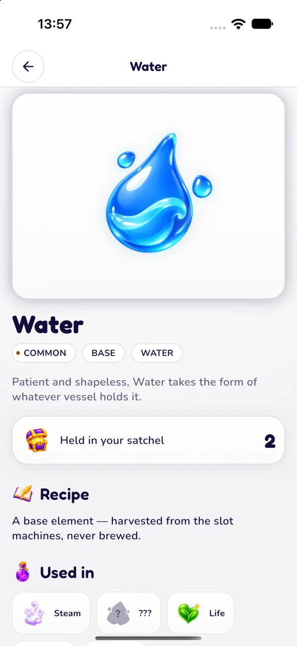 The Element detail screen of Elements Casino Alchemy
