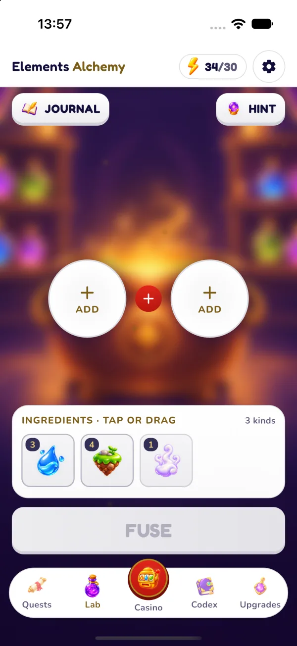 The Lab screen of Elements Casino Alchemy